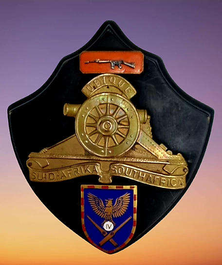 Vintage SADF Wall Plague with Large Field Artillery, Marksman and 4th Artillery brass & enamel badge