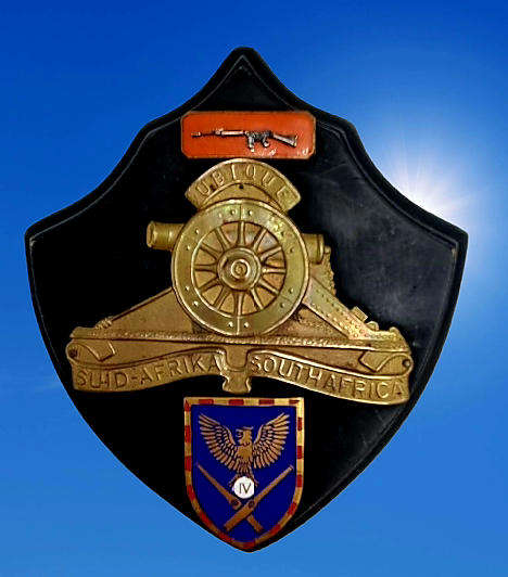 Vintage SADF Wall Plague with Large Field Artillery, Marksman and 4th Artillery brass & enamel badge