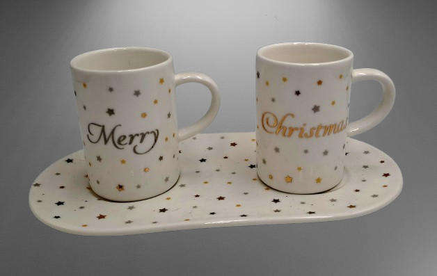 2 Zara Home -Hecho en China Porcelain Merry Christmas Cups on Tray
