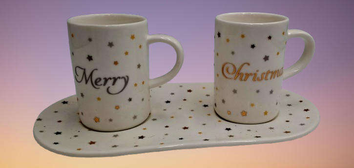 2 Zara Home -Hecho en China Porcelain Merry Christmas Cups on Tray