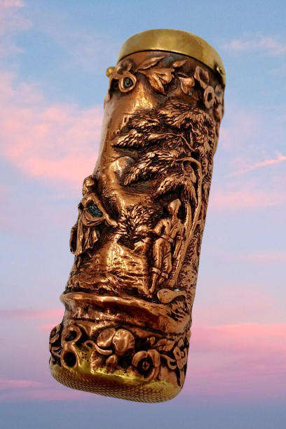 Antique Copper and Brass Cylindrical Figural Match Safe/Vesta case