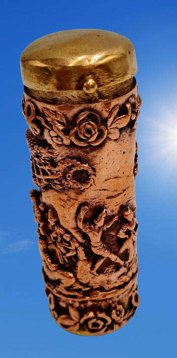 Antique Copper and Brass Cylindrical Figural Match Safe/Vesta case