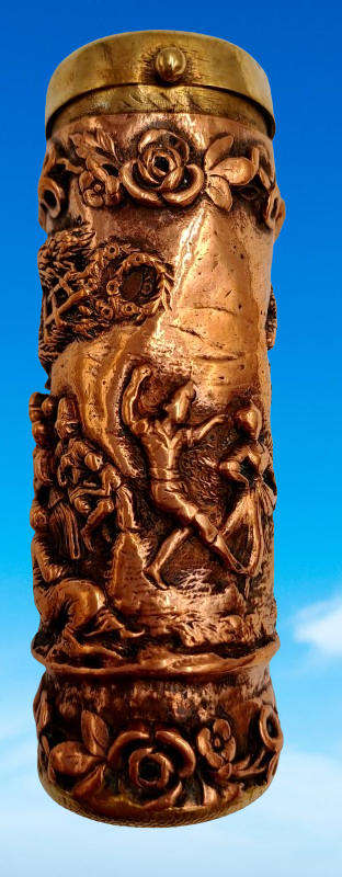 Antique Copper and Brass Cylindrical Figural Match Safe/Vesta case