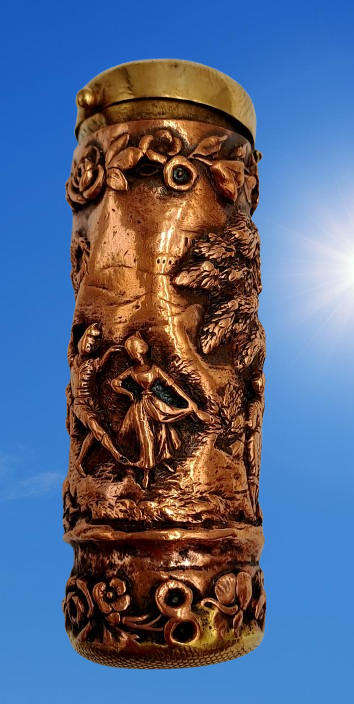 Antique Copper and Brass Cylindrical Figural Match Safe/Vesta case