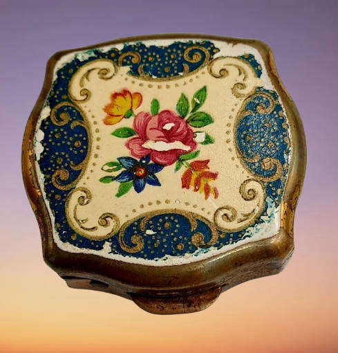 Small Vintage Stratton Pill Box Gold Enamel Floral Design-see patina