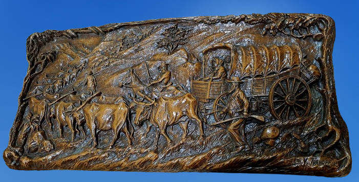 Vintage 1938-1940 Syroco "Voortrekker Wagon Train" wood Carving Wall Plague By Vadim Ivanoff