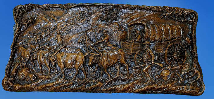 Vintage 1938-1940 Syroco "Voortrekker Wagon Train" wood Carving Wall Plague By Vadim Ivanoff