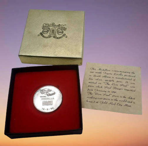 20g 99% Fine Silver Commemorating Medal 500 000th Toyota Corolla made in S.A 16-2-94