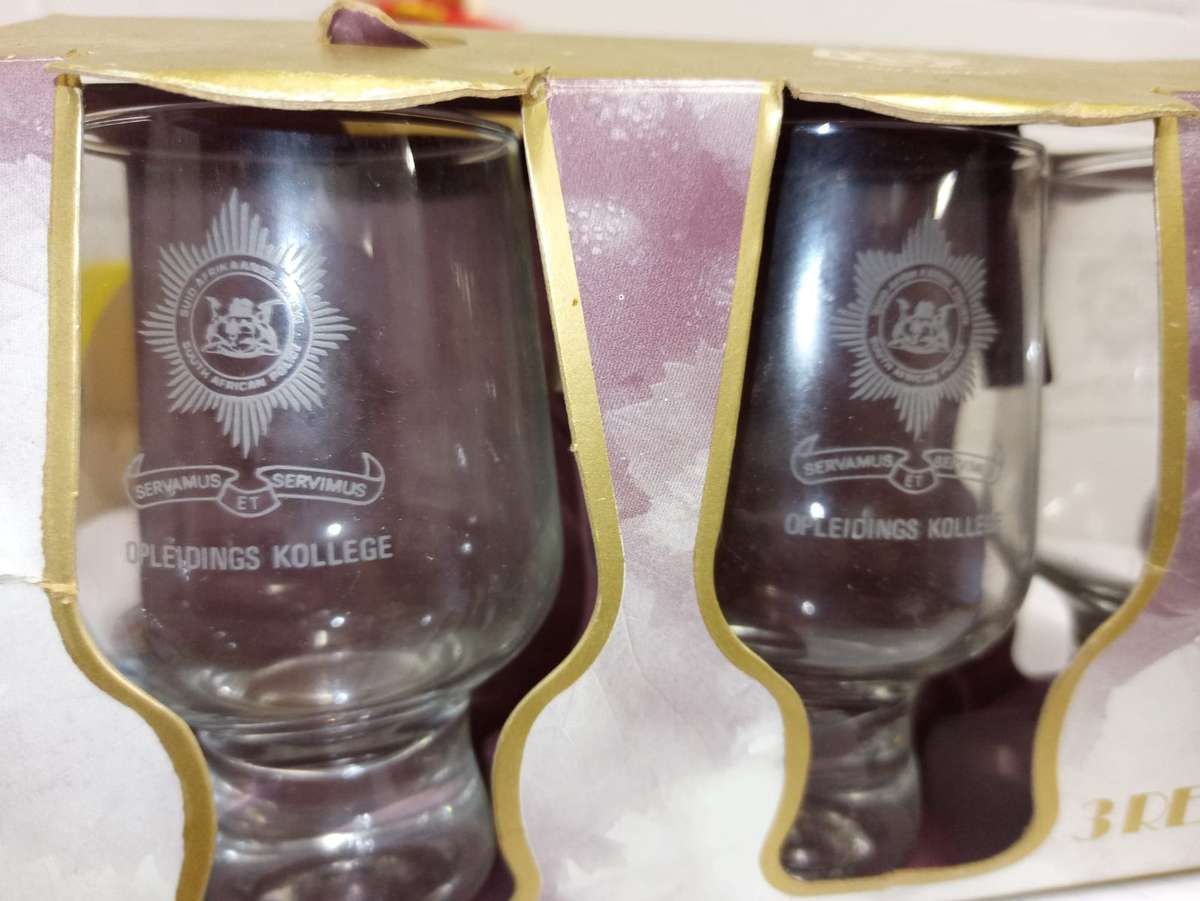 Old SAPS Engraved Glasses - 2 sets of 3 still in the original packaging