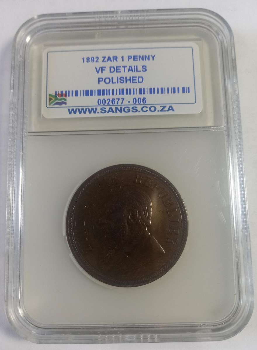 1892 ZAR Penny - SANGS VF Detail. Polished
