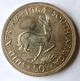 1964 SA Union silver 5 shillings (crown) coin - 80% Silver