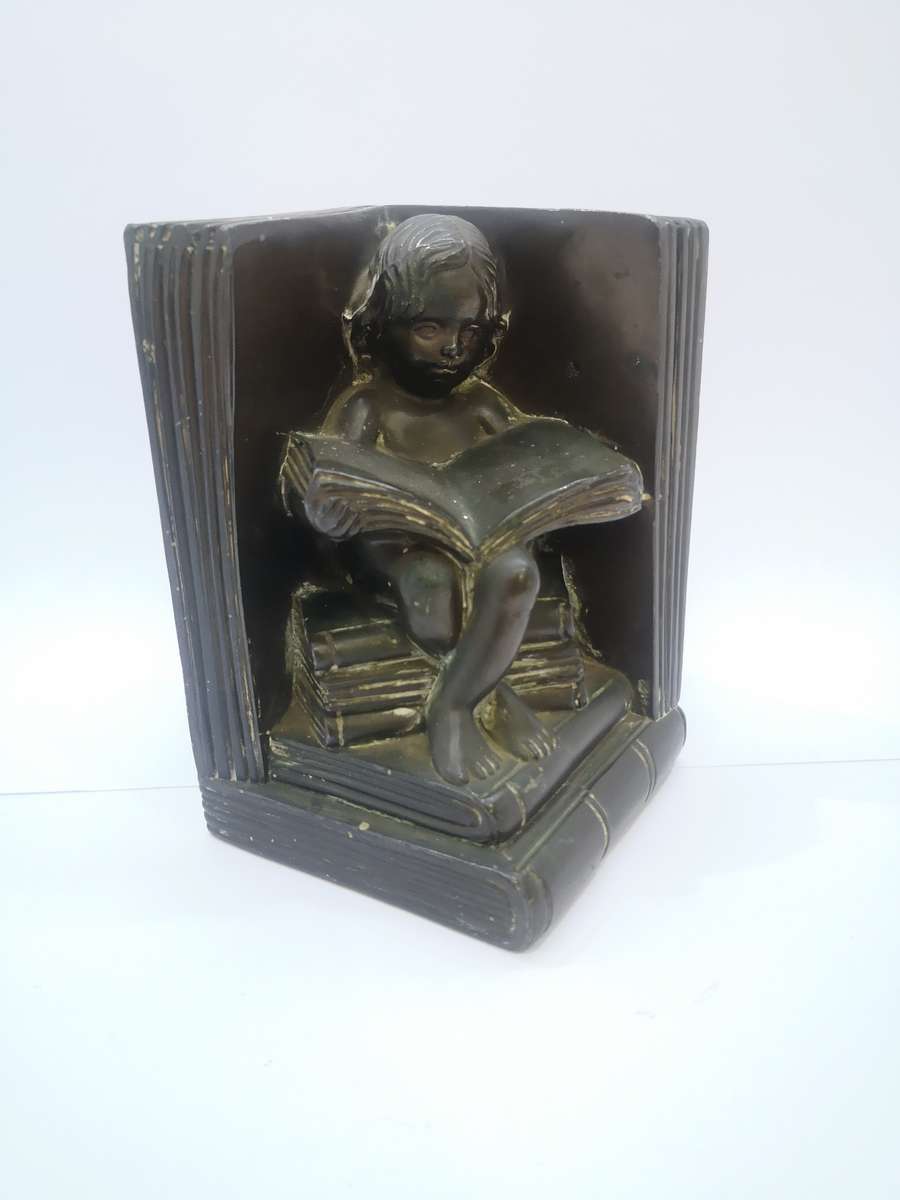 Vintage bronze book end - Girl with books
