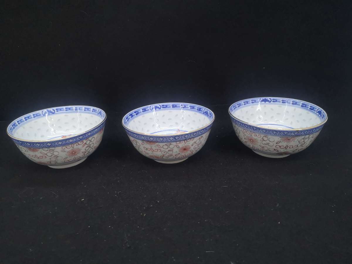 3 Rice bowls - decorated in Hong Kong