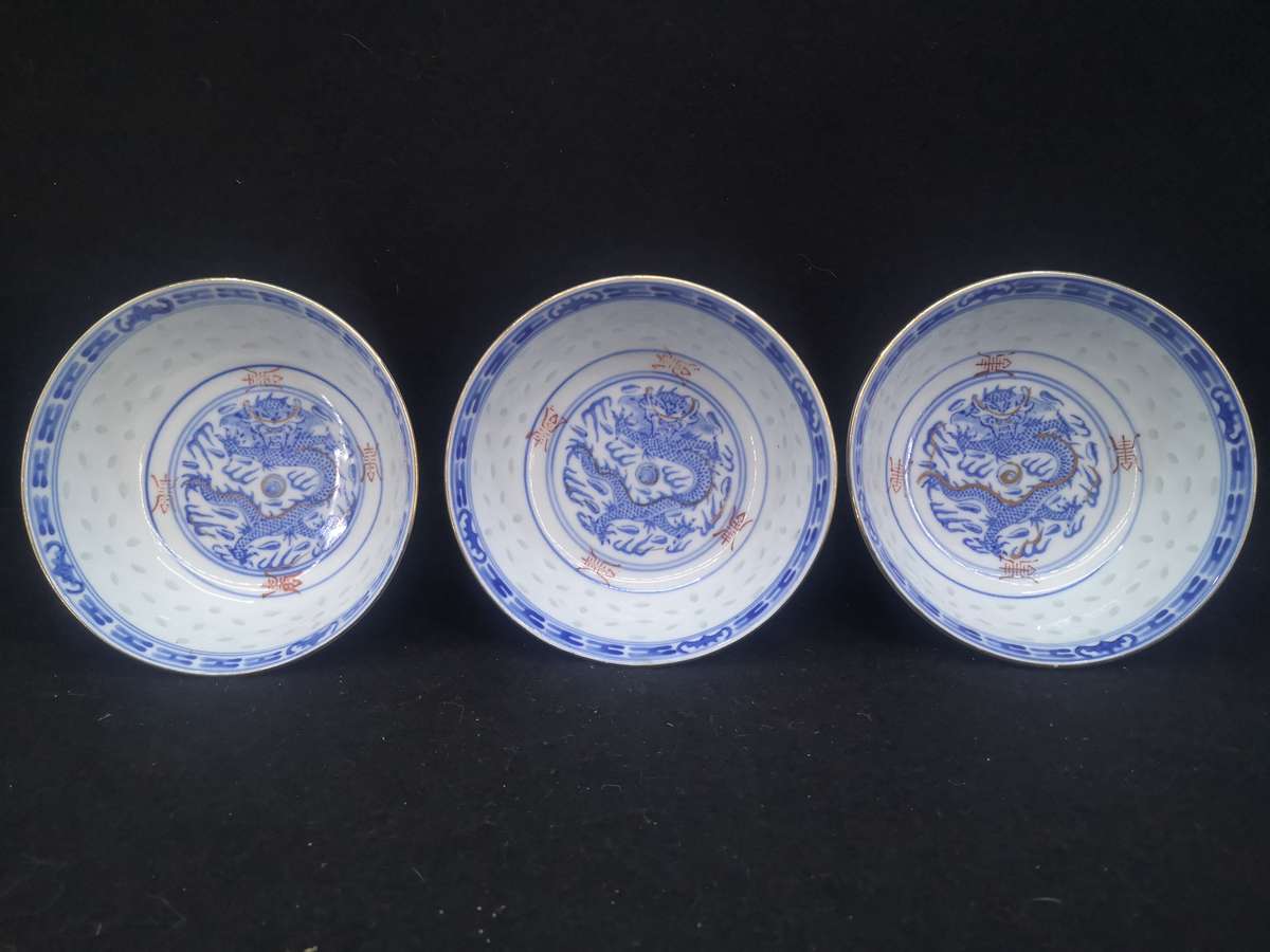 3 Rice bowls - decorated in Hong Kong