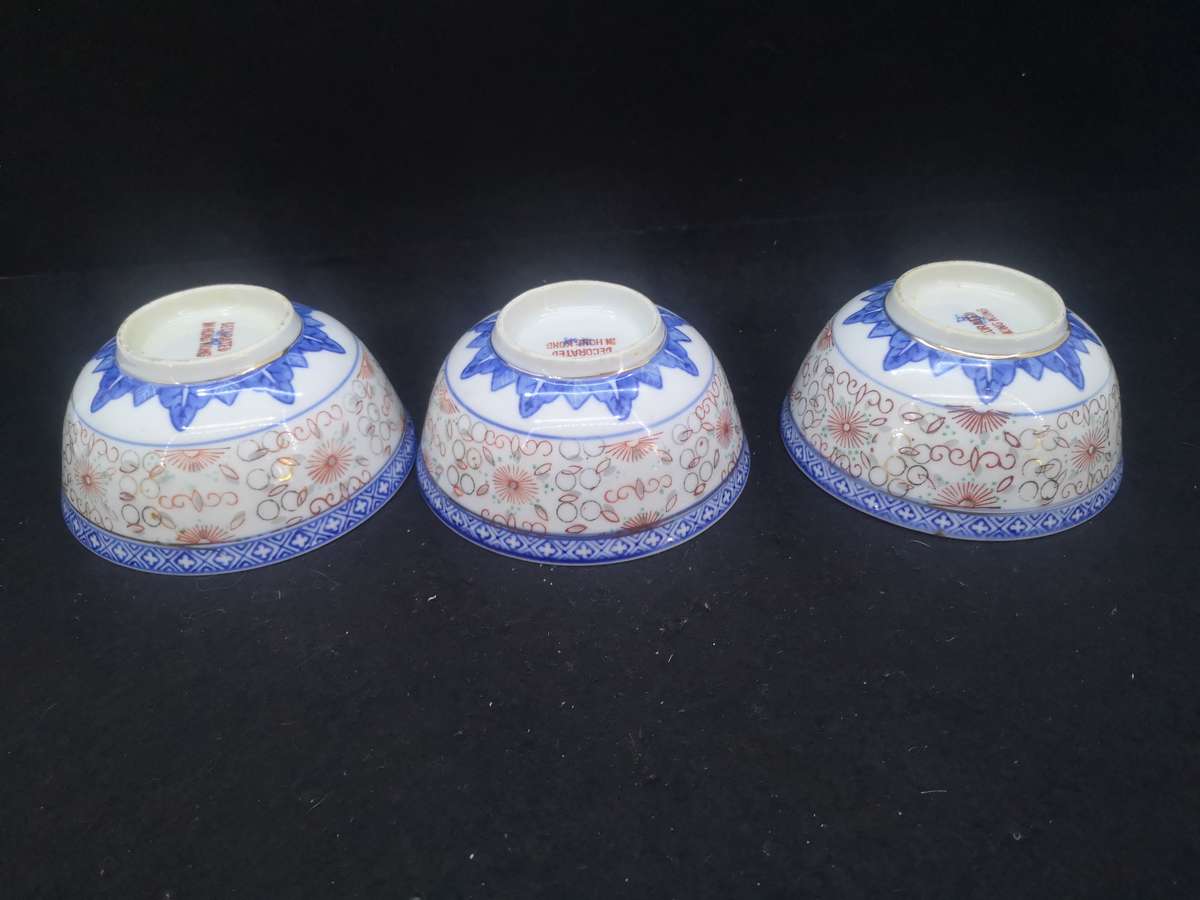 3 Rice bowls - decorated in Hong Kong