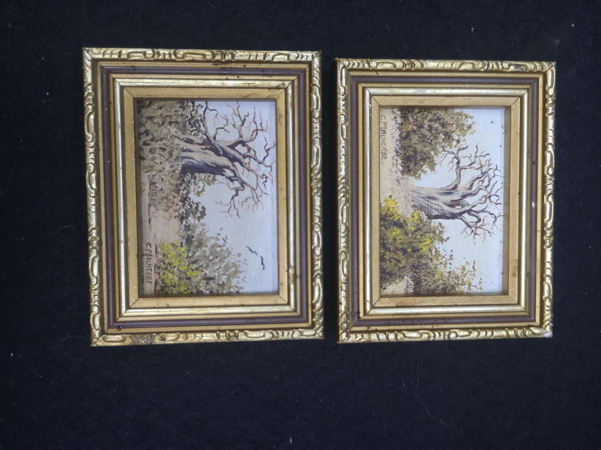 Pair of Mini framed oil paintings by C Malherbe