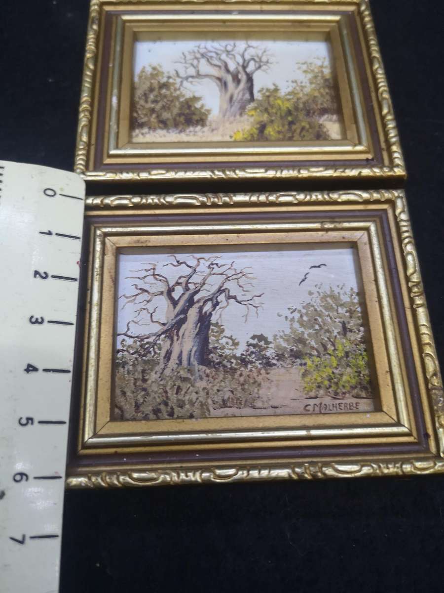 Pair of Mini framed oil paintings by C Malherbe