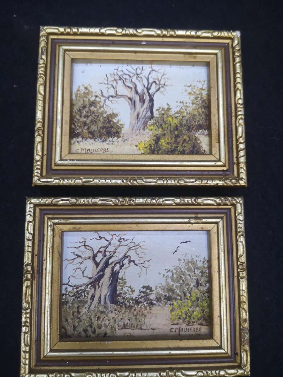 Pair of Mini framed oil paintings by C Malherbe