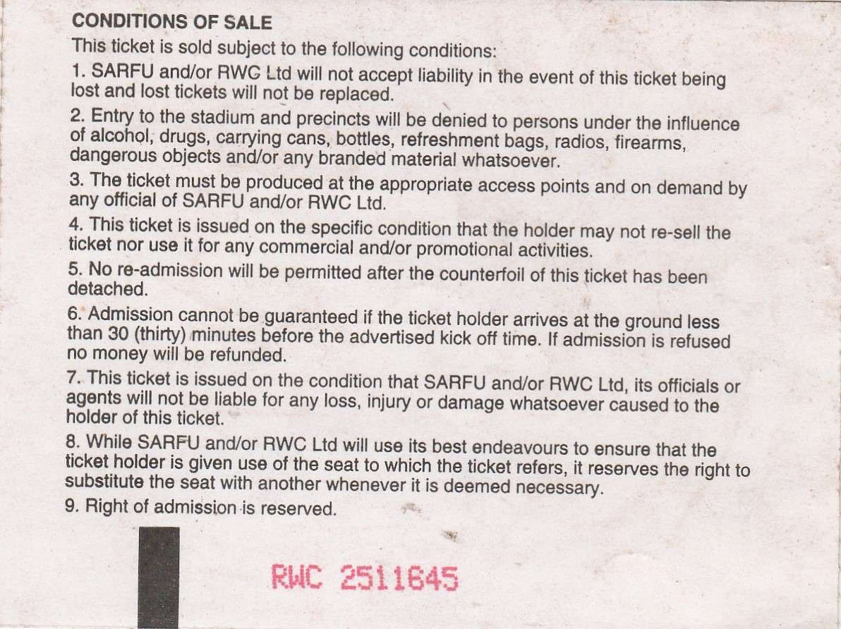 Rugby World Cup 1995 Final ticket