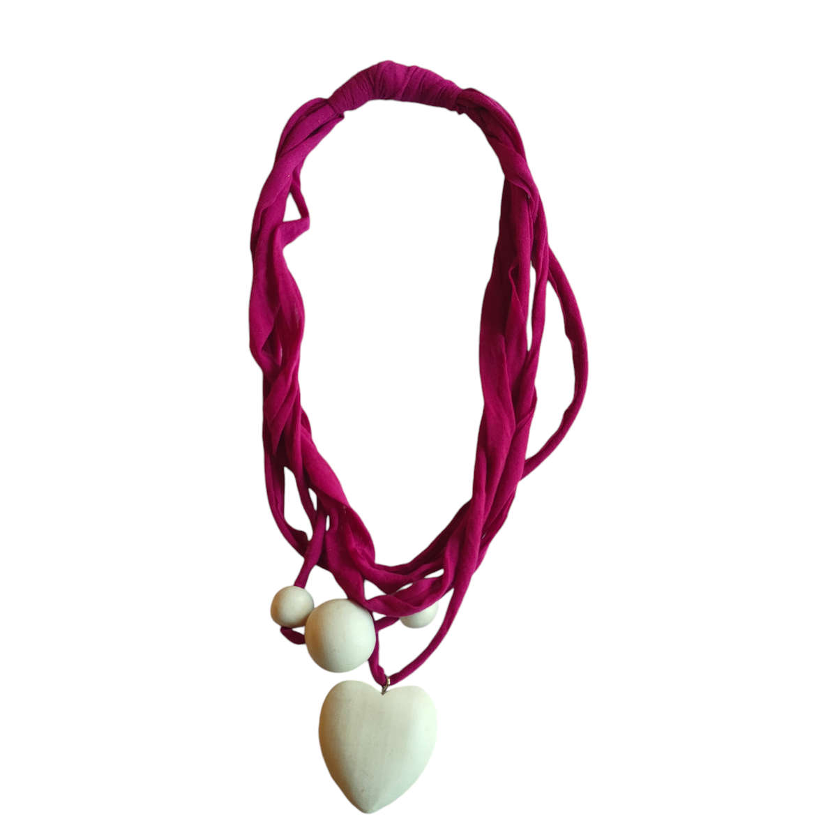 Beautiful pink fabric necklace with wooden heart pendant