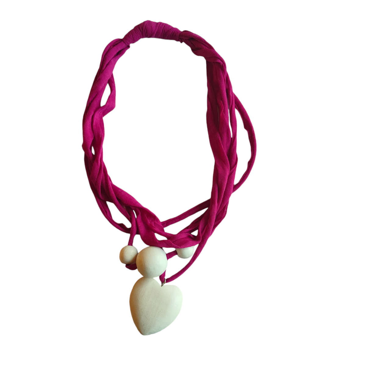 Beautiful pink fabric necklace with wooden heart pendant
