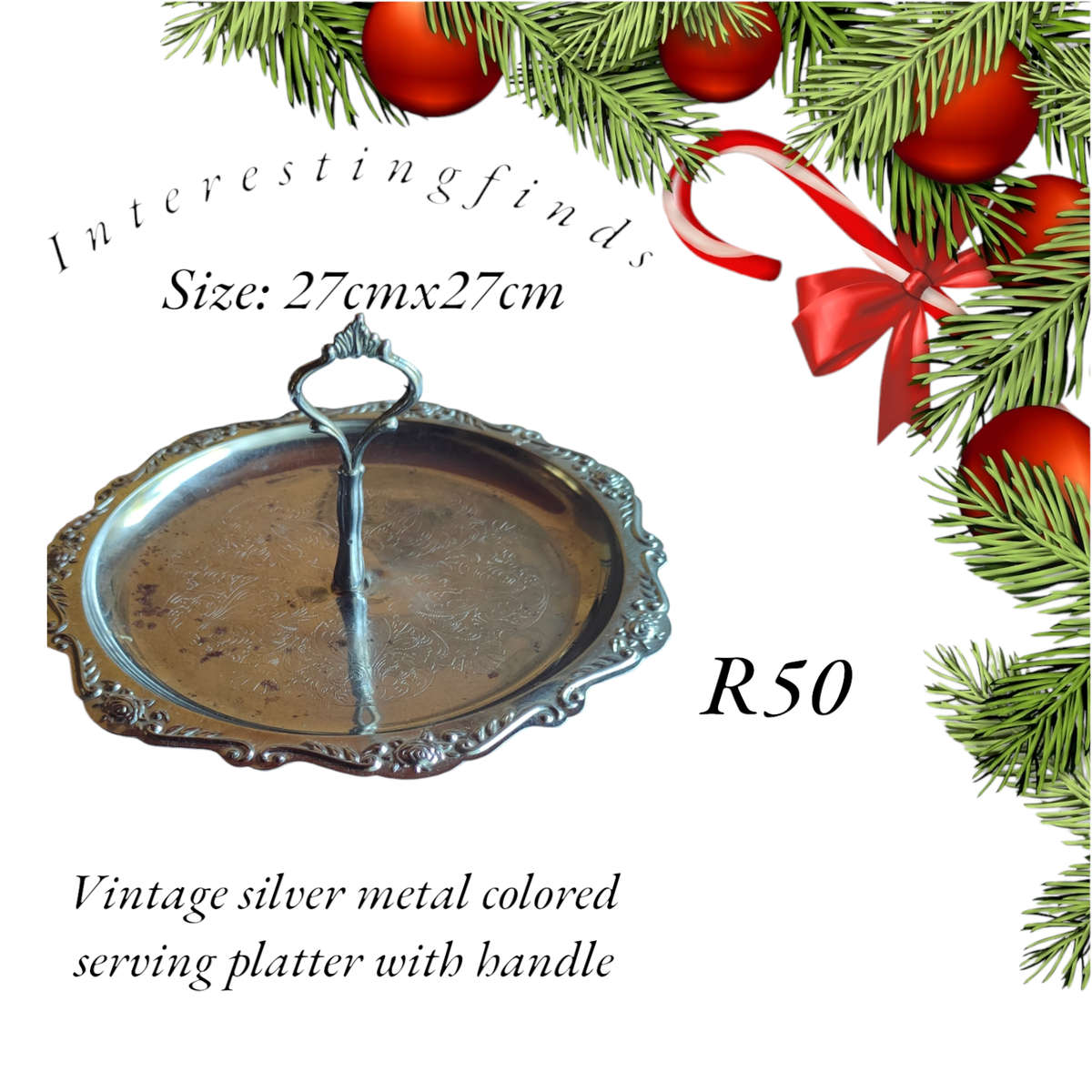 Vintage silver colored metal serving tray with handle