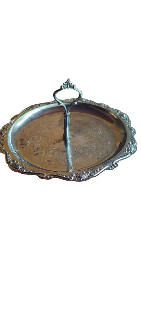 Vintage silver colored metal serving tray with handle