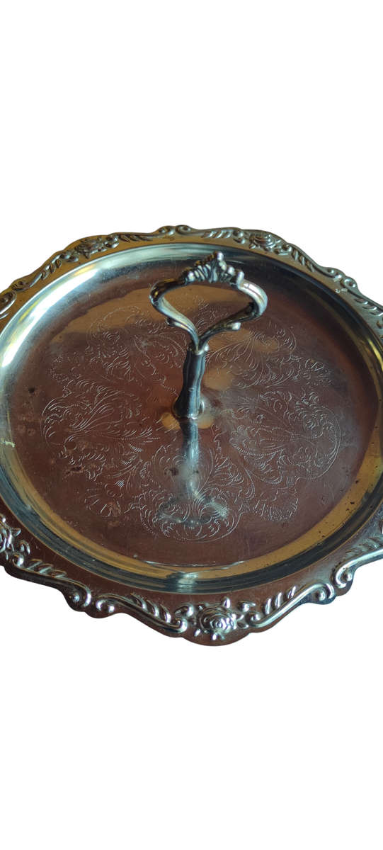 Vintage silver colored metal serving tray with handle