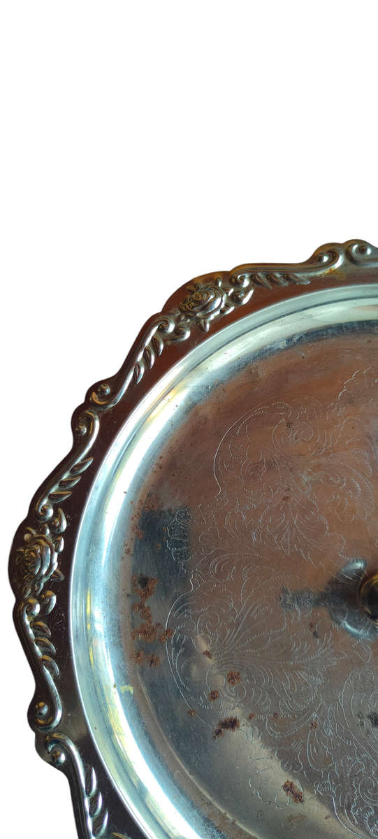 Vintage silver colored metal serving tray with handle