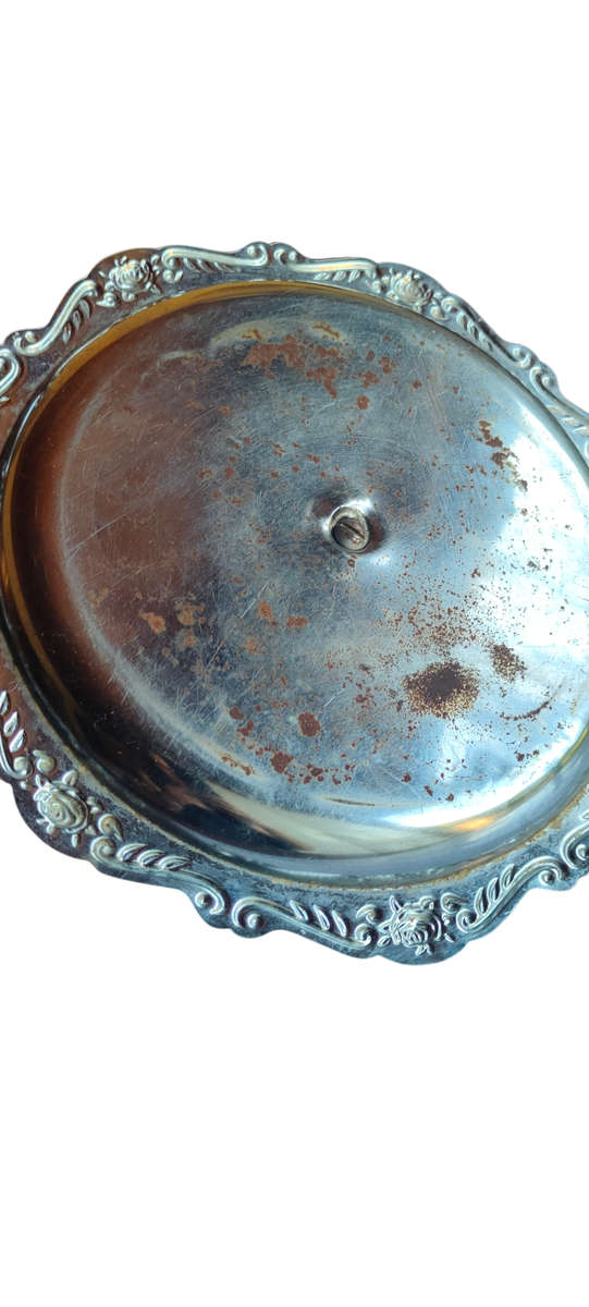 Vintage silver colored metal serving tray with handle