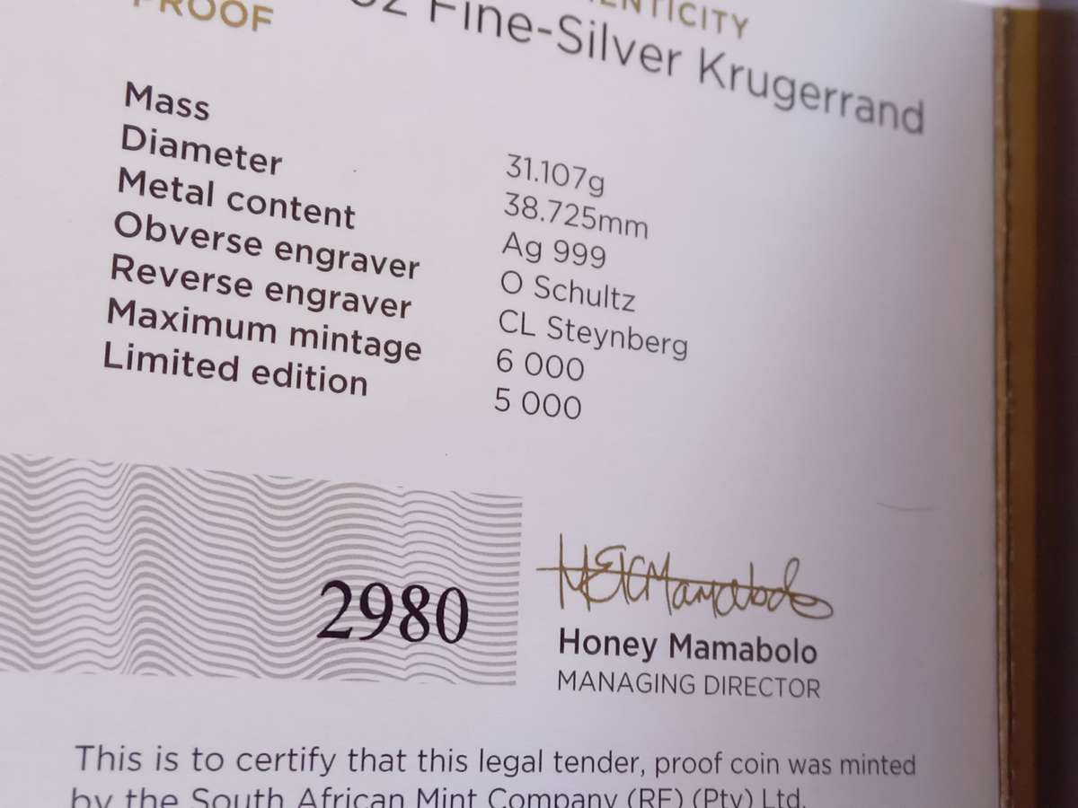 SOUTH AFRICAN ONE OUNCE KRUGERRAND SILVER"" GREAT PROOF""2024