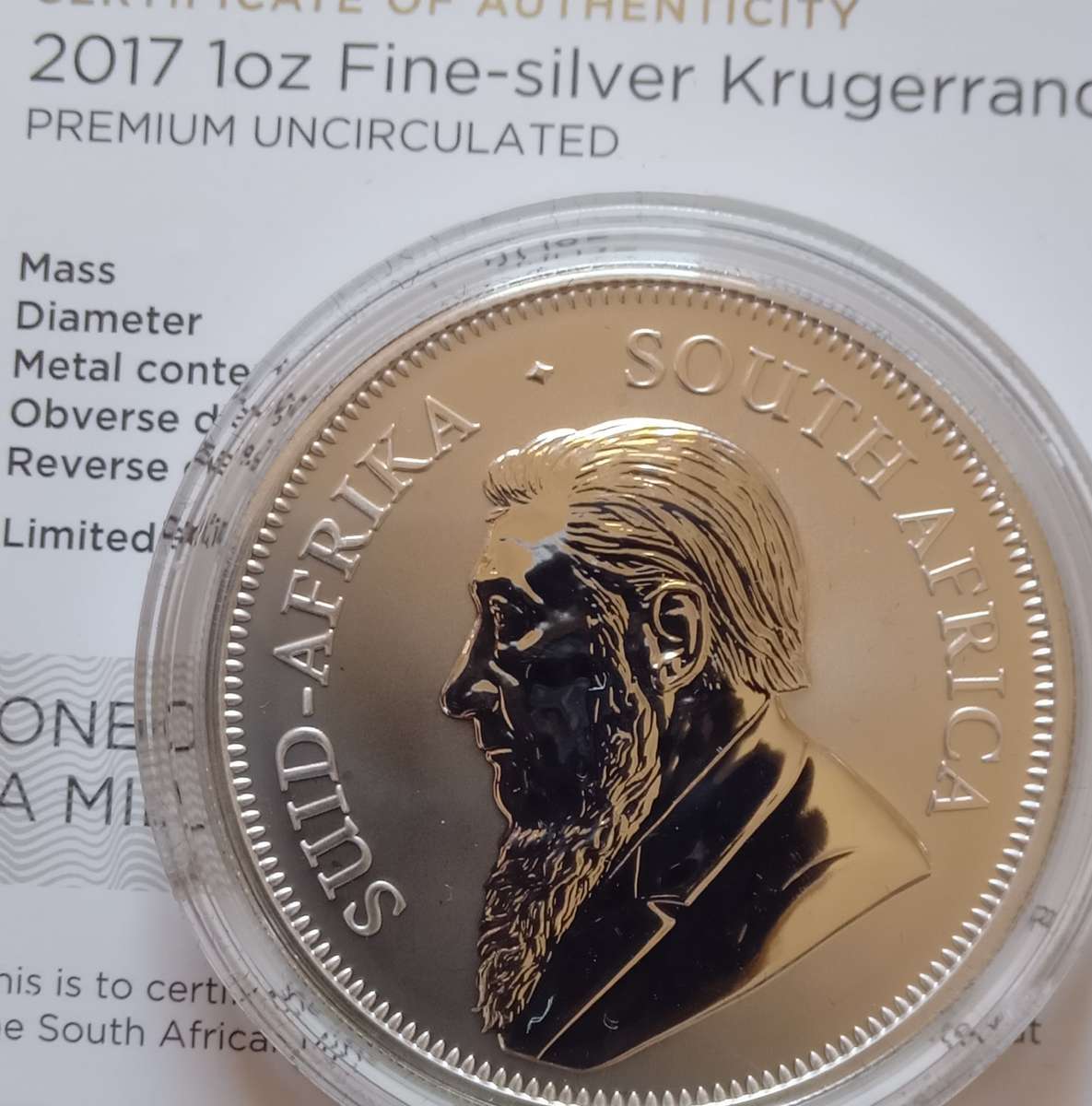 SOUTH AFRICA PREMIUM UNCIRCULATED 2017 ONE OUNCE FINE SILVER KRUGERRAND