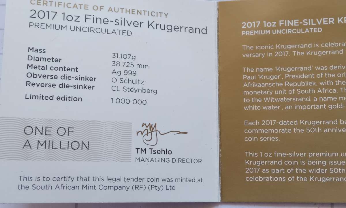 SOUTH AFRICA PREMIUM UNCIRCULATED 2017 ONE OUNCE FINE SILVER KRUGERRAND