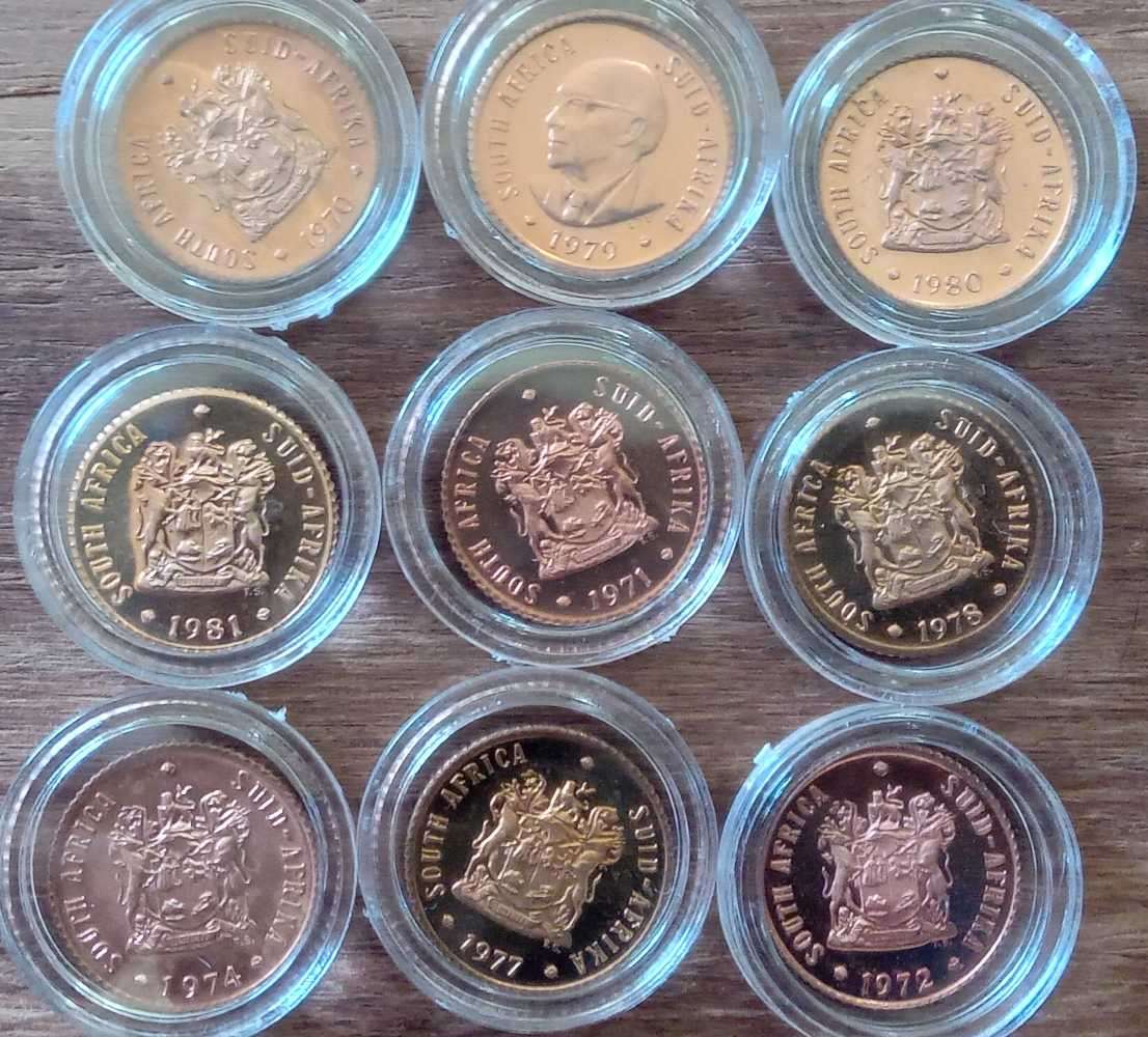 South Africa.Proof half cents 1970,71,72,74,77,78,79,80 and 1981 proof coins