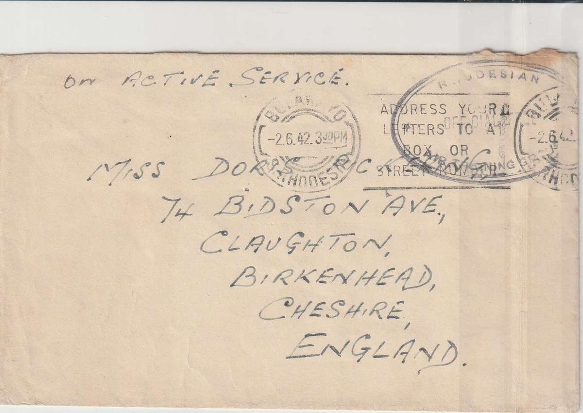 Rhodesia - 1942 - Active Service Cover - Listing for eesti