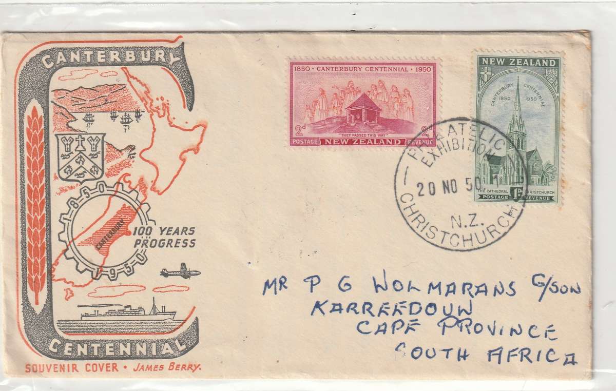 New Zealand Cover - 1950 - Philatelic Exhibition Christchurch Canterbury Centennial KAREEDOUW South