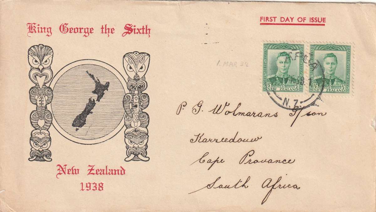 New Zealand cover FDC - 1938 - King George VI KAREEDOUW South Africa