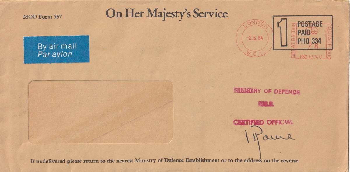Great Britain Cover - 1984 - On her Majestys Service Ministry of Defence Certified Official Postage