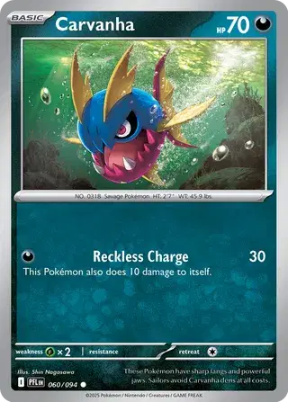 Carvanha 60/94  Pokemon TCG Mega Evolution Phantasmal Flames PFL EN Darkness 060/094