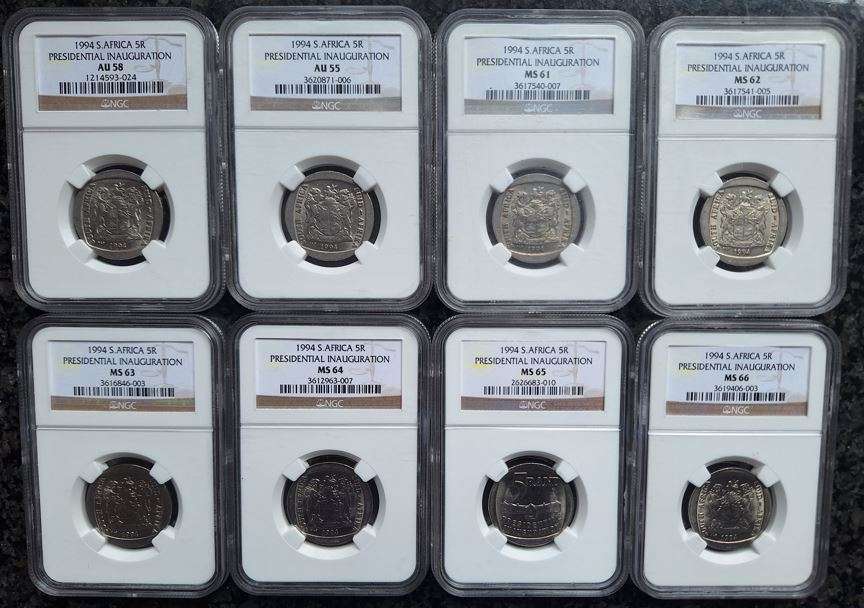NGC Graded - 1994 Presidential Inauguration R5.00 set - AU55, AU58, MS61 to MS66 (8 coins - 1 BID)