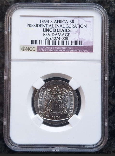 NGC Graded - 1994 Presidential Inauguration R5.00 coin - UNC Details (REV DAMAGE)