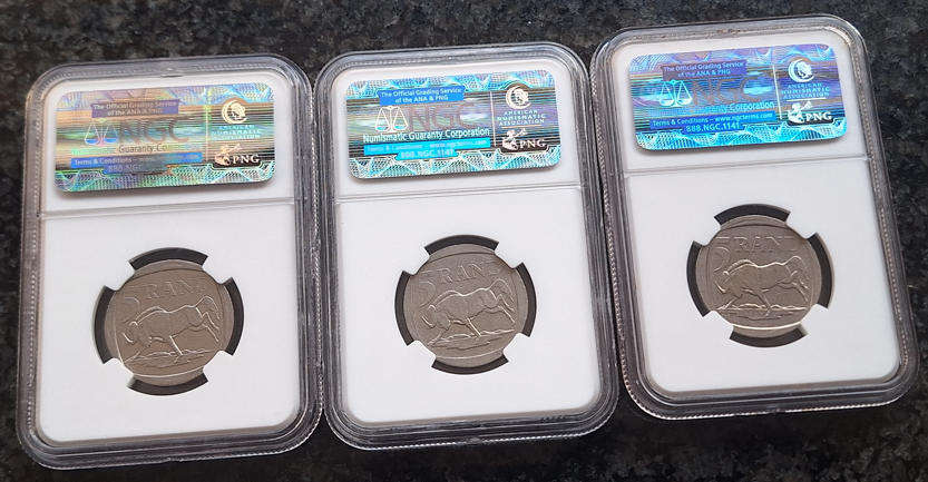 NGC Graded - Year 2000 Mandela R5.00 coin set - AU50, AU53 & AU55 - One bid for the set!