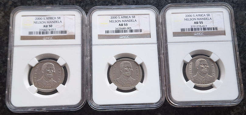NGC Graded - Year 2000 Mandela R5.00 coin set - AU50, AU53 & AU55 - One bid for the set!