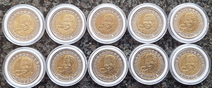 10 x 2018 Nelson Mandela Centenary R5.00 coins (Encapsulated) - In good condition! 1 Bid for all!