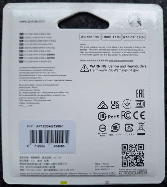 Apacer M.2 SATA III 6Gb/s SSD - 120GB