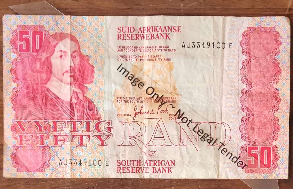 R50 DE kOCK last ISSUE 1984 ~ Fifty Rand ~ Prefix ends at 100 ~ AJ3349100