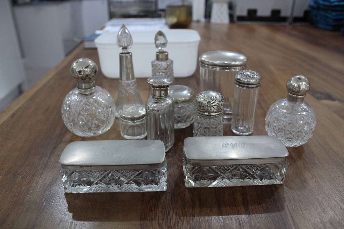 Sterling silver topped dressing table containers x 12!