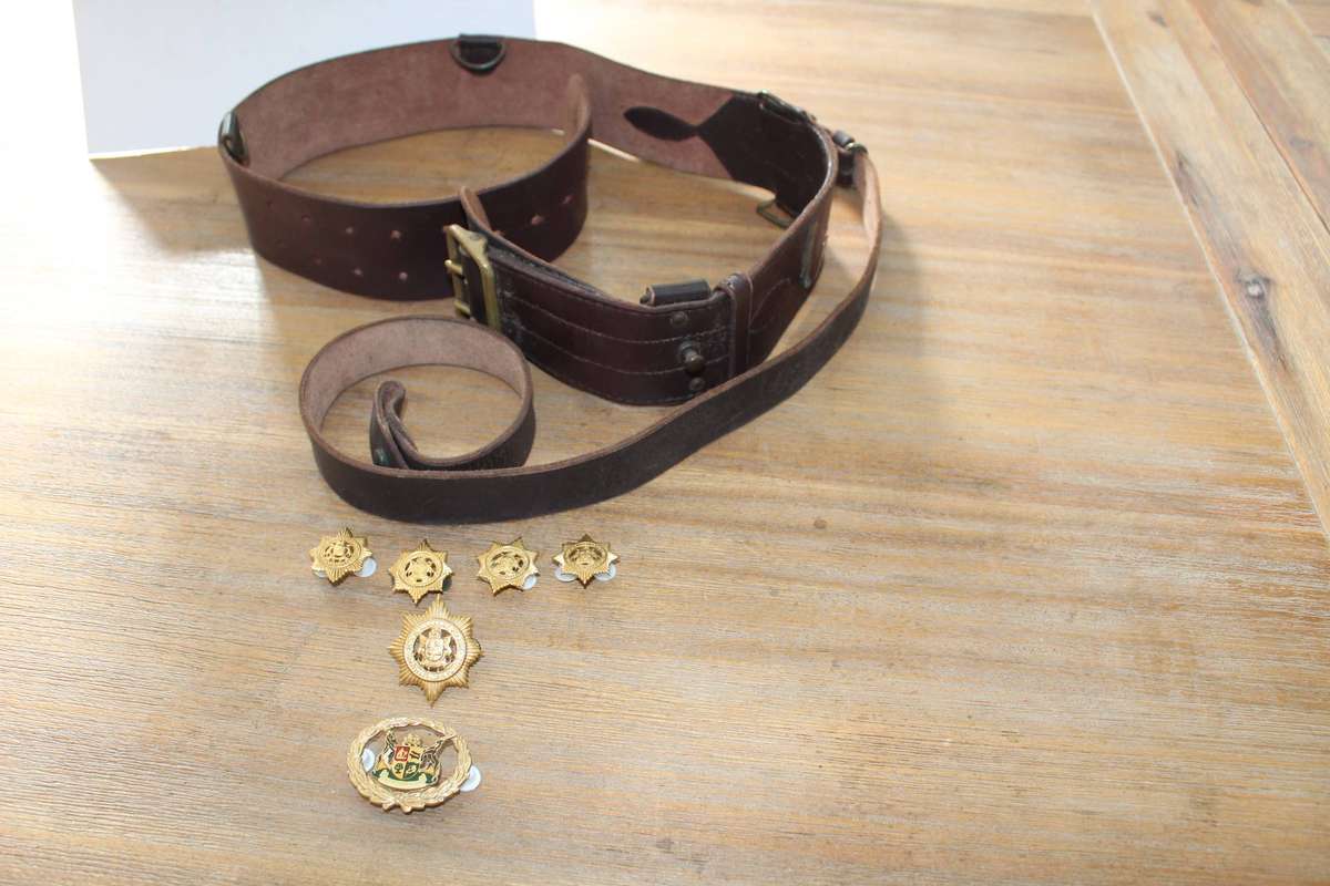 Police "Sam Browne" leather belt and badges - take all for R 200!