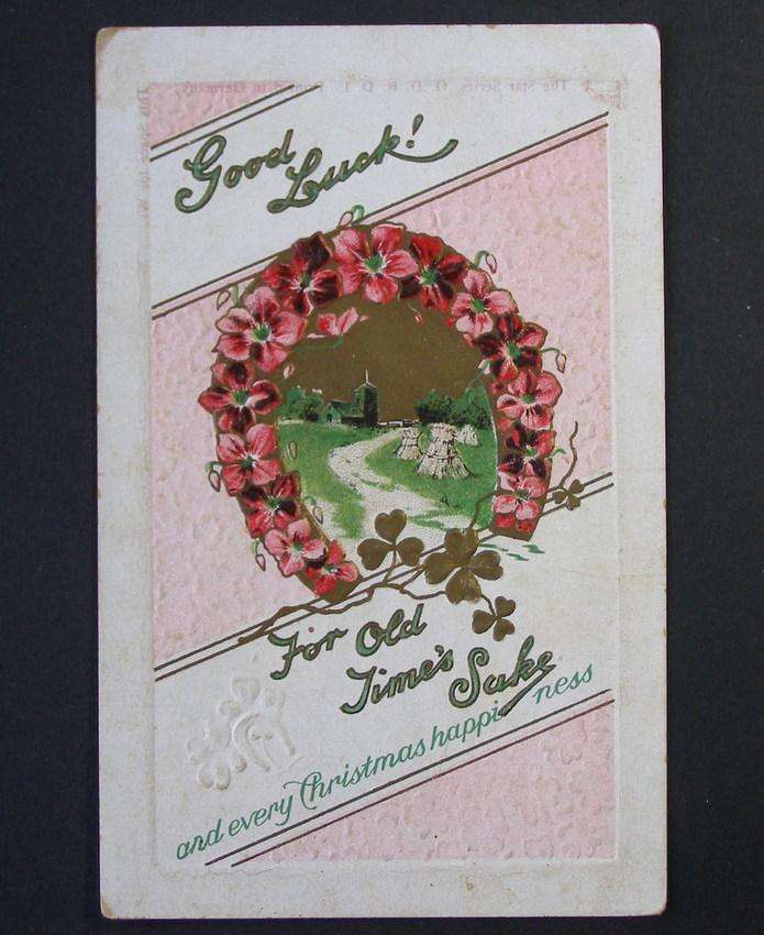 The Star Series Embossed POSTCARD - Good Luck! For Old Time's Sake and every Christmas happiness