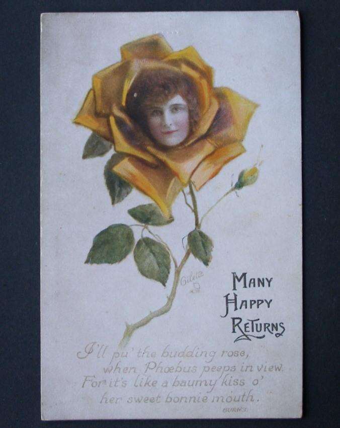 Tuck's Flower Faces POSTCARD - Many Happy Returns